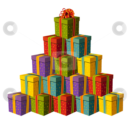 To use this stock image in your creative project, please select the size you need over to the right and click the "Add to Cart" button.
Your downloaded image will come with the Cutcaster watermark removed so don’t worry about the watermark you see on this page. Gift boxes forming a Christmas tree stock vector clipart, Colorful gift boxes forming a Christmas tree with a red ribbon as a star. White background. Vector available by Cienpies Design