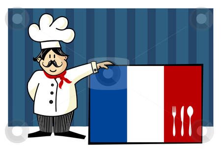 To use this stock image in your creative project, please select the size you need over to the right and click the "Add to Cart" button.
Your downloaded image will come with the Cutcaster watermark removed so don’t worry about the watermark you see on this page. Chef of french cuisine stock vector clipart, Chef of french cuisine. Food, restaurant, menu design with cutlery silhouette on the country flag. Striped blue background. Vector available by Cienpies Design