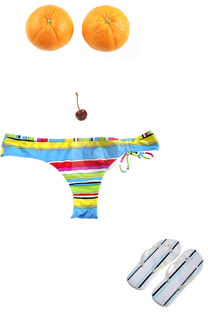 To use this stock image in your creative project, please select the size you need over to the right and click the "Add to Cart" button.
Your downloaded image will come with the Cutcaster watermark removed so don’t worry about the watermark you see on this page. Amusing topless. stock photo, Bikini, oranges, sweet cherry in the shape of female body and beach footwear on white. by Liana Bukhtyyarova