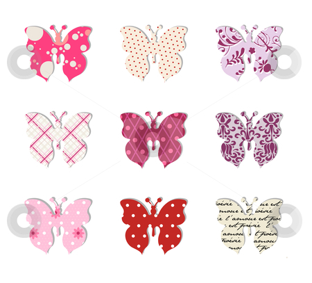 To use this stock image in your creative project, please select the size you need over to the right and click the "Add to Cart" button.
Your downloaded image will come with the Cutcaster watermark removed so don’t worry about the watermark you see on this page. Butterfly set. Pink, red and warm tones. stock vector clipart, Pattern of nine different textured butterflies. Isolated on white background by Cienpies Design