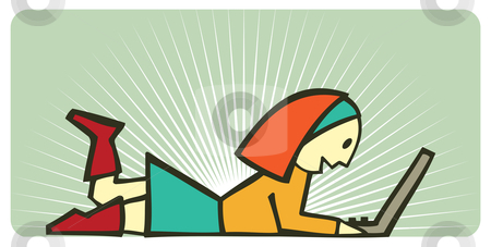 To use this stock image in your creative project, please select the size you need over to the right and click the "Add to Cart" button.
Your downloaded image will come with the Cutcaster watermark removed so don’t worry about the watermark you see on this page. Happy young girl with a notebook computer stock vector clipart, Happy young woman laying on the floor browsing the web with her laptop. White lines over pastel green background. Vector available by Cienpies Design