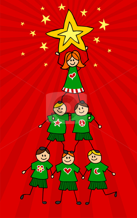 To use this stock image in your creative project, please select the size you need over to the right and click the "Add to Cart" button.
Your downloaded image will come with the Cutcaster watermark removed so don’t worry about the watermark you see on this page. Kids Christmas Tree stock vector clipart, Children climb together to form a Christmas tree with a girl on top holding a star. Red background. Vector available by Cienpies Design