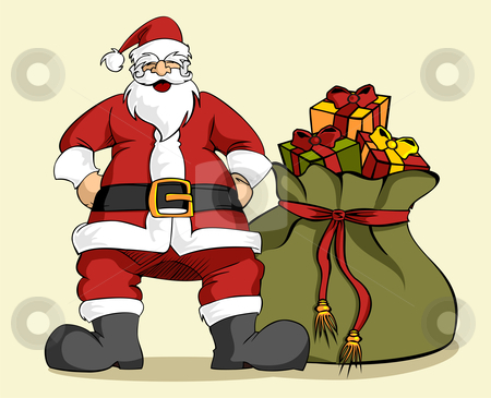 To use this stock image in your creative project, please select the size you need over to the right and click the "Add to Cart" button.
Your downloaded image will come with the Cutcaster watermark removed so don’t worry about the watermark you see on this page. Christmas series: Santa Claus and gifts bag stock vector clipart, Happy Santa Claus laughing with hands on hips with a large Christmas gifts bag. Clear background. by Cienpies Design