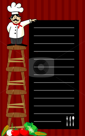 To use this stock image in your creative project, please select the size you need over to the right and click the "Add to Cart" button.
Your downloaded image will come with the Cutcaster watermark removed so don’t worry about the watermark you see on this page. Chef recommendations stock vector clipart, Funny chef on several wooden benches, holding a blackboard where the recommendations are written daily. Vegetables at left corner. Striped red background. by Cienpies Design