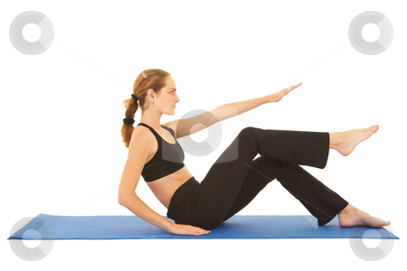 To use this stock image in your creative project, please select the size you need over to the right and click the "Add to Cart" button.
Your downloaded image will come with the Cutcaster watermark removed so don’t worry about the watermark you see on this page. Pilates exercise series stock photo, Fit young brunette pilates instructor showing different exercises on a white background a blue yoga mat. White background NOT ISOLATED by Sean Nel