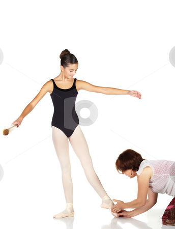 To use this stock image in your creative project, please select the size you need over to the right and click the "Add to Cart" button.
Your downloaded image will come with the Cutcaster watermark removed so don’t worry about the watermark you see on this page. Ballet Steps stock photo, Young caucasian ballerina girl on white background and reflective white floor showing various ballet steps and positions being corrected by teacher. Not Isolated. by Sean Nel