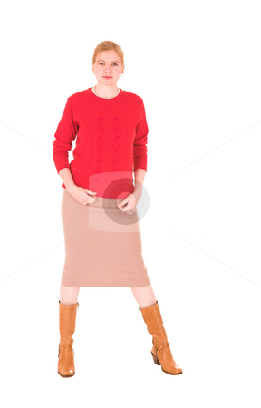 To use this stock image in your creative project, please select the size you need over to the right and click the "Add to Cart" button.
Your downloaded image will come with the Cutcaster watermark removed so don’t worry about the watermark you see on this page. Middle aged businesswoman stock photo, Blonde middle aged businesswoman with a red jersey and beige dress on a white background by Sean Nel