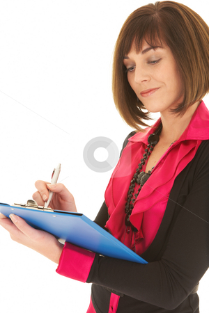 To use this stock image in your creative project, please select the size you need over to the right and click the "Add to Cart" button.
Your downloaded image will come with the Cutcaster watermark removed so don’t worry about the watermark you see on this page. Sexy brunette businesswoman stock photo, Sexy young adult Caucasian businesswoman in a red and black office outfit against a white background holding blue clipboard and pen. NOT ISOLATED by Sean Nel