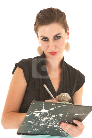 To use this stock image in your creative project, please select the size you need over to the right and click the "Add to Cart" button.
Your downloaded image will come with the Cutcaster watermark removed so don’t worry about the watermark you see on this page. Sexy brunette businesswoman stock photo, Sexy young adult Caucasian businesswoman in a tight black sexy blouse on a white background with a pen and clipboard by Sean Nel