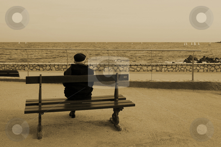 To use this stock image in your creative project, please select the size you need over to the right and click the "Add to Cart" button.
Your downloaded image will come with the Cutcaster watermark removed so don’t worry about the watermark you see on this page. Benchman #06 stock photo, Man on Bench, next to the sea, Sepia, Vintage, High Key by Sean Nel