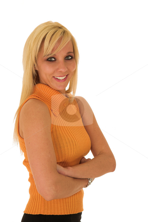 To use this stock image in your creative project, please select the size you need over to the right and click the "Add to Cart" button.
Your downloaded image will come with the Cutcaster watermark removed so don’t worry about the watermark you see on this page. Sexy blonde businesswoman stock photo, Sexy young adult Caucasian businesswoman in a short black mini skirt with a orange striped top on a white background by Sean Nel