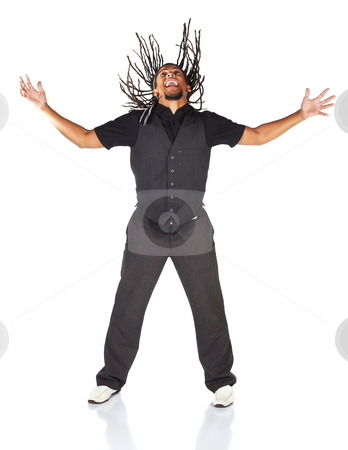 To use this stock image in your creative project, please select the size you need over to the right and click the "Add to Cart" button.
Your downloaded image will come with the Cutcaster watermark removed so don’t worry about the watermark you see on this page. Handsome African businessman stock photo, Handsome African businessman in black suit jumping from joy on white background. Not isolated by Sean Nel