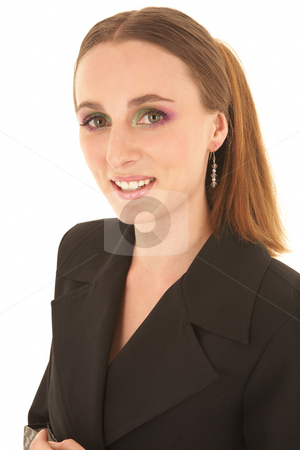 To use this stock image in your creative project, please select the size you need over to the right and click the "Add to Cart" button.
Your downloaded image will come with the Cutcaster watermark removed so don’t worry about the watermark you see on this page. Sexy brunette businesswoman stock photo, Sexy young adult Caucasian businesswoman in a black sexy business suit on a white background. She has modern make-up on her eyes by Sean Nel
