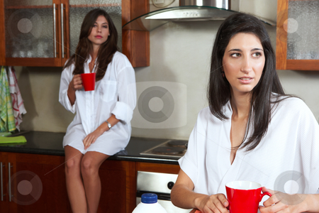 To use this stock image in your creative project, please select the size you need over to the right and click the "Add to Cart" button.
Your downloaded image will come with the Cutcaster watermark removed so don’t worry about the watermark you see on this page. Sexy brunette roommates stock photo, Sexy young adult brunette roommates in lingerie drinking morning coffee in their kitchen before work by Sean Nel