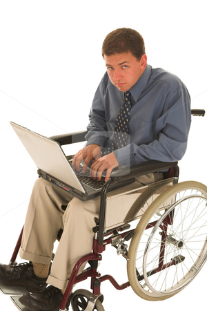 To use this stock image in your creative project, please select the size you need over to the right and click the "Add to Cart" button.
Your downloaded image will come with the Cutcaster watermark removed so don’t worry about the watermark you see on this page. Businessman #134 stock photo, Businessman sitting in wheelchair with a laptop by Sean Nel