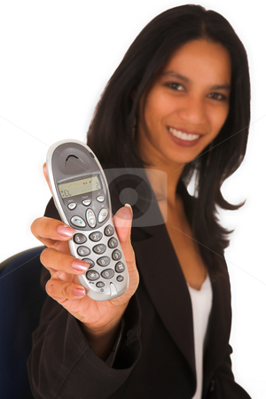To use this stock image in your creative project, please select the size you need over to the right and click the "Add to Cart" button.
Your downloaded image will come with the Cutcaster watermark removed so don’t worry about the watermark you see on this page. Isolated Businesswoman holding telephone stock photo, Businesswoman with brown hair, dressed in a white shirt with black suit jacket holding a portable PABX telephone. Shot on White Background, Shallow Depth of Field by Sean Nel