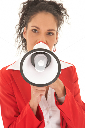 To use this stock image in your creative project, please select the size you need over to the right and click the "Add to Cart" button.
Your downloaded image will come with the Cutcaster watermark removed so don’t worry about the watermark you see on this page. Beautiful Caucasian businesswoman stock photo, Portrait of a beautiful young Caucasian businesswoman with curly hair in an updo style talking over megaphone on white background. NOT ISOLATED by Sean Nel