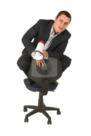 To use this stock image in your creative project, please select the size you need over to the right and click the "Add to Cart" button.
Your downloaded image will come with the Cutcaster watermark removed so don’t worry about the watermark you see on this page. Businessman #244 stock photo, Businessman wearing a suit and a grey shirt. Making a stunt on an office chair with a megaphone in his hand. by Sean Nel