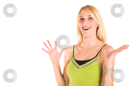 To use this stock image in your creative project, please select the size you need over to the right and click the "Add to Cart" button.
Your downloaded image will come with the Cutcaster watermark removed so don’t worry about the watermark you see on this page. Businesswoman #473 stock photo, Blonde business lady in an informal green top. Hands up, looking Surprised. Copy space by Sean Nel