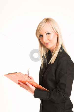 To use this stock image in your creative project, please select the size you need over to the right and click the "Add to Cart" button.
Your downloaded image will come with the Cutcaster watermark removed so don’t worry about the watermark you see on this page. Business Woman #305 stock photo, Blond business woman dressed in black trousers and a black shirt.Standing with file and a pen by Sean Nel