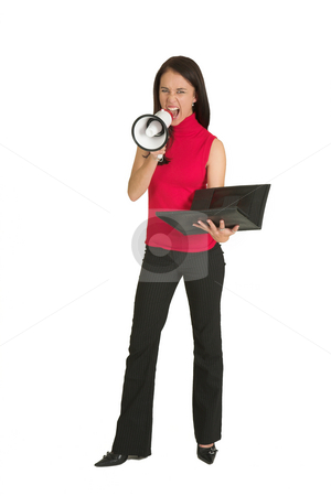 To use this stock image in your creative project, please select the size you need over to the right and click the "Add to Cart" button.
Your downloaded image will come with the Cutcaster watermark removed so don’t worry about the watermark you see on this page. Business Woman #549 stock photo, Portrait of a brunette woman,, wearing a green top, screaming over a megaphone by Sean Nel