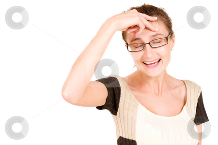 To use this stock image in your creative project, please select the size you need over to the right and click the "Add to Cart" button.
Your downloaded image will come with the Cutcaster watermark removed so don’t worry about the watermark you see on this page. Business Lady #91 stock photo, Business woman with eyes closed, laughing while holding her head by Sean Nel