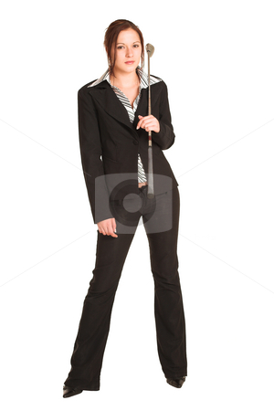 To use this stock image in your creative project, please select the size you need over to the right and click the "Add to Cart" button.
Your downloaded image will come with the Cutcaster watermark removed so don’t worry about the watermark you see on this page. Business Woman #344 stock photo, Business woman with brown hair, dressed in a white shirt with black stripes. Standing, holding a golf putter by Sean Nel