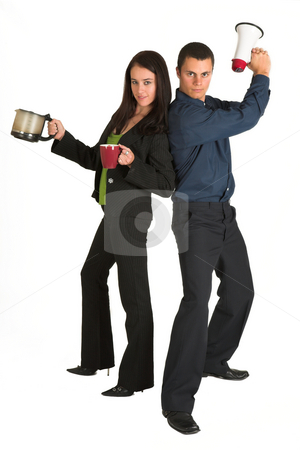 To use this stock image in your creative project, please select the size you need over to the right and click the "Add to Cart" button.
Your downloaded image will come with the Cutcaster watermark removed so don’t worry about the watermark you see on this page. Business team #52 stock photo, Business team. Man with Megaphone, lady with coffee by Sean Nel