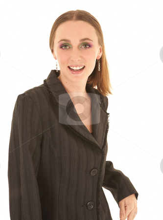 To use this stock image in your creative project, please select the size you need over to the right and click the "Add to Cart" button.
Your downloaded image will come with the Cutcaster watermark removed so don’t worry about the watermark you see on this page. Sexy brunette businesswoman stock photo, Sexy young adult Caucasian businesswoman in a black sexy business suit on a white background. She has modern make-up on her eyes by Sean Nel
