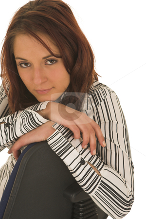 To use this stock image in your creative project, please select the size you need over to the right and click the "Add to Cart" button.
Your downloaded image will come with the Cutcaster watermark removed so don’t worry about the watermark you see on this page. Business Woman stock photo, Business woman with brown hair, dressed in a white shirt with black stripes - Sitting on an office chair by Sean Nel