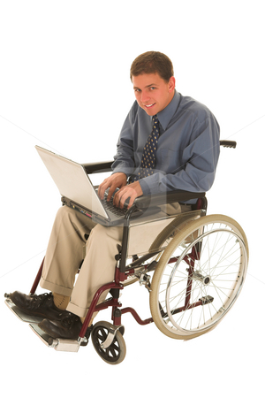To use this stock image in your creative project, please select the size you need over to the right and click the "Add to Cart" button.
Your downloaded image will come with the Cutcaster watermark removed so don’t worry about the watermark you see on this page. Businessman #137 stock photo, Businessman sitting in a wheelchair working on laptop by Sean Nel