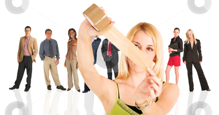 To use this stock image in your creative project, please select the size you need over to the right and click the "Add to Cart" button.
Your downloaded image will come with the Cutcaster watermark removed so don’t worry about the watermark you see on this page. Blonde businesswoman standing in front of a business people grou stock photo, Blonde businesswoman standing in front of a group of business people all isolated on white. She has a roll of brown sticky tape in front of her faceThe whole group consists of multiracial young adults. The foreground is in sharp focus with the people in the background slightly blurred. by Sean Nel