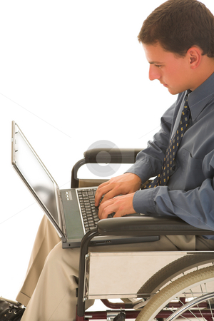 To use this stock image in your creative project, please select the size you need over to the right and click the "Add to Cart" button.
Your downloaded image will come with the Cutcaster watermark removed so don’t worry about the watermark you see on this page. Businessman #121 stock photo, Man sitting in a wheelchair working on a laptop. by Sean Nel