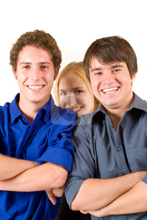 To use this stock image in your creative project, please select the size you need over to the right and click the "Add to Cart" button.
Your downloaded image will come with the Cutcaster watermark removed so don’t worry about the watermark you see on this page. Business People #15 stock photo, Three business partners smiling, two men, one woman by Sean Nel