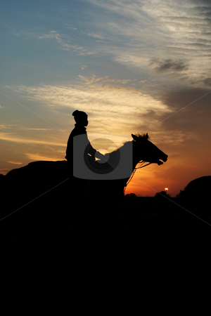 To use this stock image in your creative project, please select the size you need over to the right and click the "Add to Cart" button.
Your downloaded image will come with the Cutcaster watermark removed so don’t worry about the watermark you see on this page. Horse and rider at sunrise stock photo, Warming up the horses for the day's training by Sean Nel