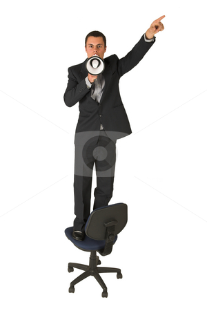To use this stock image in your creative project, please select the size you need over to the right and click the "Add to Cart" button.
Your downloaded image will come with the Cutcaster watermark removed so don’t worry about the watermark you see on this page. Businessman #240 stock photo, Businessman wearing a suit and a grey shirt. Making a stunt on an office chair with a megaphone in his hand, pointing upwards with his other hand. by Sean Nel