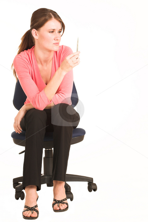 To use this stock image in your creative project, please select the size you need over to the right and click the "Add to Cart" button.
Your downloaded image will come with the Cutcaster watermark removed so don’t worry about the watermark you see on this page. Businesswoman #423 stock photo, Brunette business lady in pink top. Sitting on an office chair, looking at a pen. Copy space. by Sean Nel