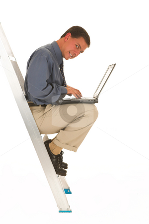To use this stock image in your creative project, please select the size you need over to the right and click the "Add to Cart" button.
Your downloaded image will come with the Cutcaster watermark removed so don’t worry about the watermark you see on this page. Businessman #28 stock photo, Businessman working on a laptop on a ladder. by Sean Nel