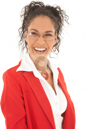 To use this stock image in your creative project, please select the size you need over to the right and click the "Add to Cart" button.
Your downloaded image will come with the Cutcaster watermark removed so don’t worry about the watermark you see on this page. Beautiful Caucasian businesswoman stock photo, Portrait of a beautiful young Caucasian businesswoman with curly hair and glasses wearing red suit on white background. NOT ISOLATED by Sean Nel