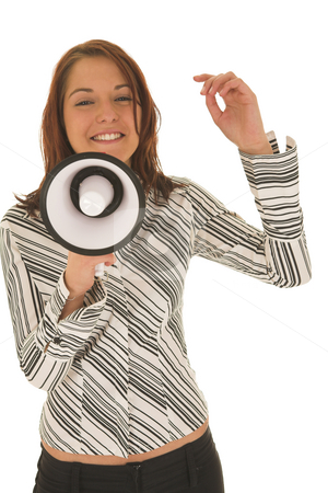 To use this stock image in your creative project, please select the size you need over to the right and click the "Add to Cart" button.
Your downloaded image will come with the Cutcaster watermark removed so don’t worry about the watermark you see on this page. Megaphone #01 stock photo, Woman trying to speak on megaphone by Sean Nel