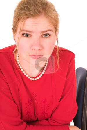 To use this stock image in your creative project, please select the size you need over to the right and click the "Add to Cart" button.
Your downloaded image will come with the Cutcaster watermark removed so don’t worry about the watermark you see on this page. Middle aged businesswoman stock photo, Blonde middle aged businesswoman with a red jersey and beige dress on a white background by Sean Nel