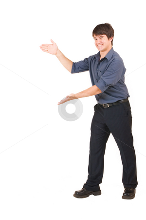 To use this stock image in your creative project, please select the size you need over to the right and click the "Add to Cart" button.
Your downloaded image will come with the Cutcaster watermark removed so don’t worry about the watermark you see on this page. Businessman #59 stock photo, Businessman in blue shirt with hands up by Sean Nel