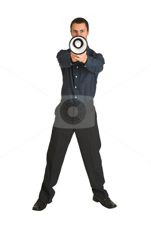 To use this stock image in your creative project, please select the size you need over to the right and click the "Add to Cart" button.
Your downloaded image will come with the Cutcaster watermark removed so don’t worry about the watermark you see on this page. Businessman #216 stock photo, Businessman in a blue shirt, playing with a megaphone as if it is a gun. by Sean Nel
