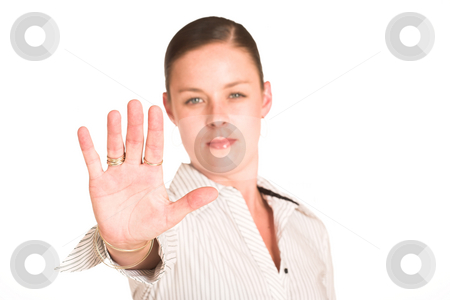To use this stock image in your creative project, please select the size you need over to the right and click the "Add to Cart" button.
Your downloaded image will come with the Cutcaster watermark removed so don’t worry about the watermark you see on this page. Business Woman#32 stock photo, Business woman dressed in a white pinstripe shirt. Holding up hand. Copy space by Sean Nel