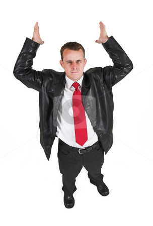To use this stock image in your creative project, please select the size you need over to the right and click the "Add to Cart" button.
Your downloaded image will come with the Cutcaster watermark removed so don’t worry about the watermark you see on this page. Tollie Booysen #3 stock photo, Businessman in black leather jacket, white shirt and red tie. Hands up in the air. by Sean Nel