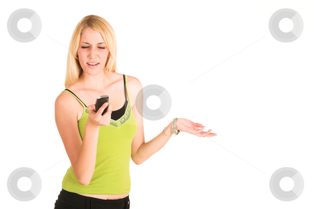To use this stock image in your creative project, please select the size you need over to the right and click the "Add to Cart" button.
Your downloaded image will come with the Cutcaster watermark removed so don’t worry about the watermark you see on this page. Businesswoman #458 stock photo, Blonde business lady in an informal green top. Holding a telephone. Looking down - copy space. by Sean Nel