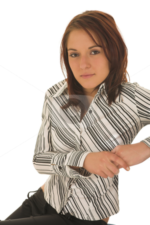 To use this stock image in your creative project, please select the size you need over to the right and click the "Add to Cart" button.
Your downloaded image will come with the Cutcaster watermark removed so don’t worry about the watermark you see on this page. Business Woman stock photo, Business woman with brown hair, dressed in a white shirt with black stripes - Sitting on an office chair by Sean Nel