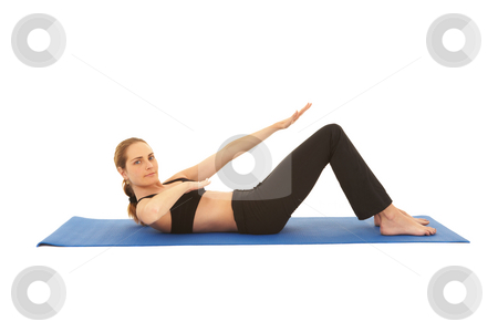 To use this stock image in your creative project, please select the size you need over to the right and click the "Add to Cart" button.
Your downloaded image will come with the Cutcaster watermark removed so don’t worry about the watermark you see on this page. Pilates exercise series stock photo, Fit young brunette pilates instructor showing different exercises on a white background a blue yoga mat. White background NOT ISOLATED by Sean Nel