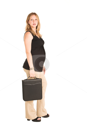 To use this stock image in your creative project, please select the size you need over to the right and click the "Add to Cart" button.
Your downloaded image will come with the Cutcaster watermark removed so don’t worry about the watermark you see on this page. Business Woman #500 stock photo, Pregnant Business Woman, wearing black top and beige pants. Standing, holding leather file suitcase. by Sean Nel