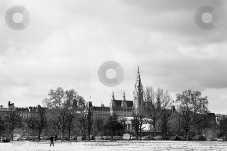 To use this stock image in your creative project, please select the size you need over to the right and click the "Add to Cart" button.
Your downloaded image will come with the Cutcaster watermark removed so don’t worry about the watermark you see on this page. Viennese Landmarks stock photo, The Town Hall (Wien Rathaus) buildings in Vienna, Austria across a snow covered park. Cloudy day at the end of winter by Sean Nel